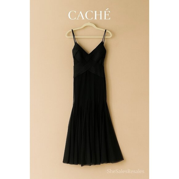 Cache Black Mesh Cocktail Dress Size 8 NWT – Pleated Bodice Spaghetti Strap Midi - Picture 1 of 7